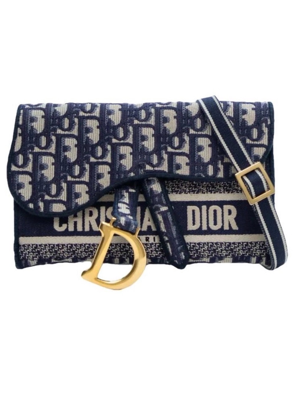 Dior Navy and Cream Logo Jacquard Shoulder Bag with Gold D Charm